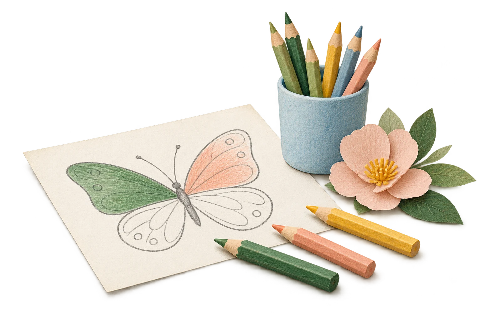 Uma folha com borboleta, lápis de cor e uma flor de papel em um pequeno ateliê