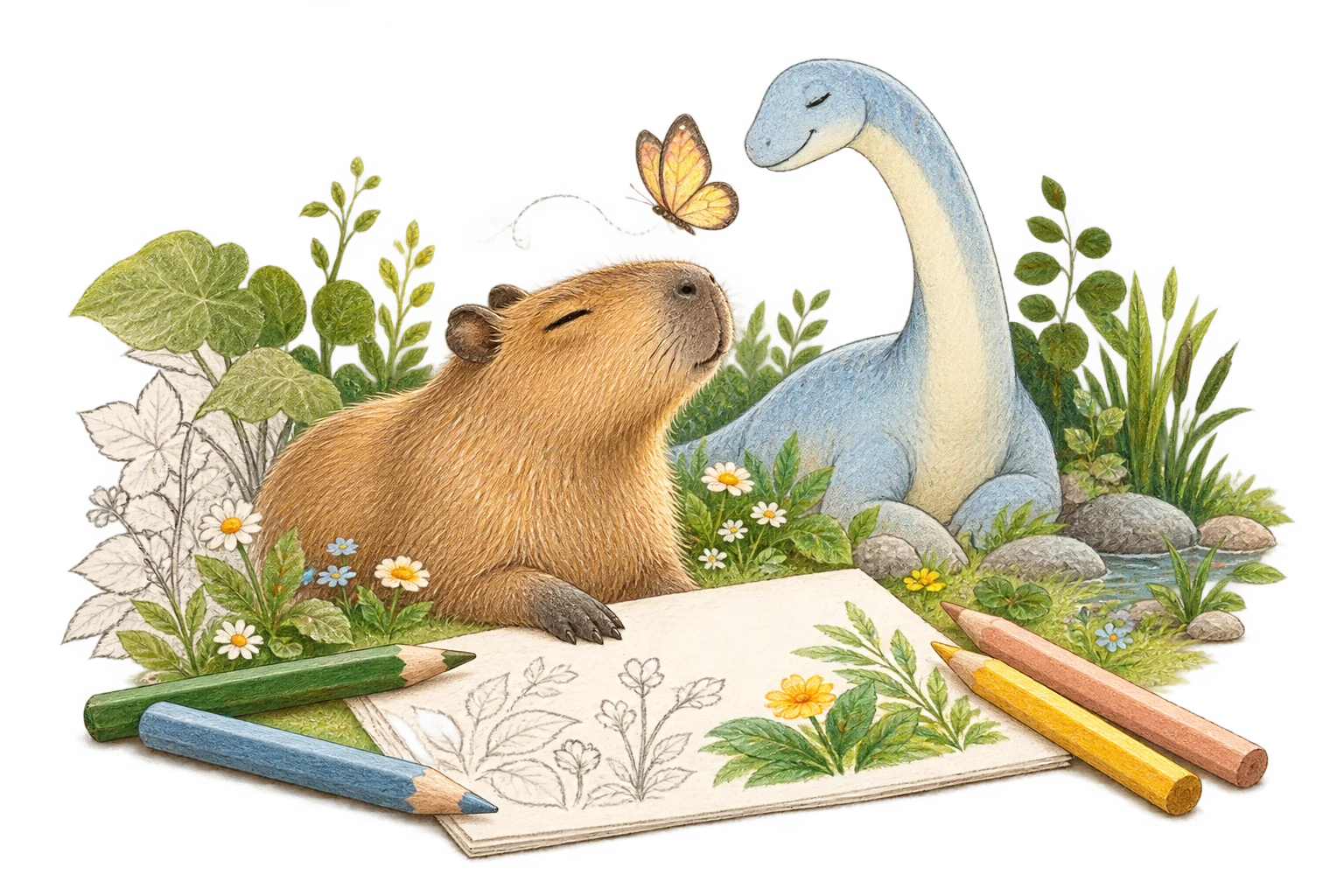 Ilustração em lápis de uma capivara e um dinossauro em um jardim imaginário