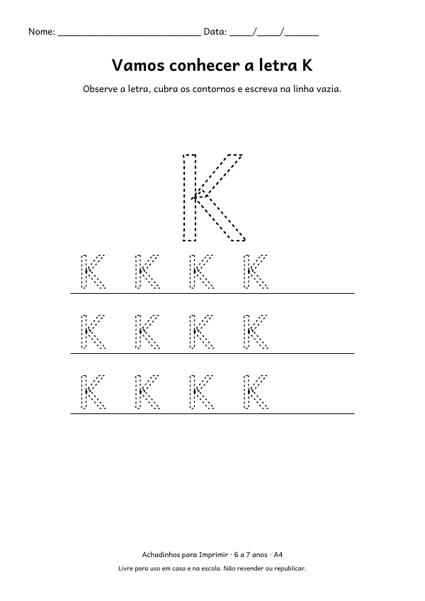 Folha A4: Vamos conhecer a letra K, contorno preto sobre fundo branco