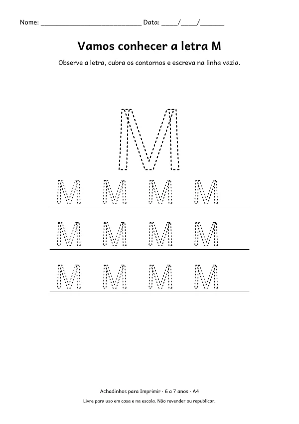 Folha A4: Vamos conhecer a letra M, contorno preto sobre fundo branco