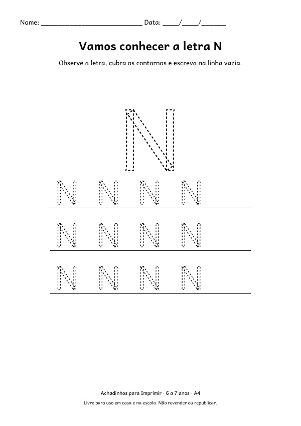 Folha A4: Vamos conhecer a letra N, contorno preto sobre fundo branco