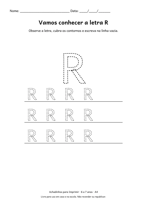 Folha A4: Vamos conhecer a letra R, contorno preto sobre fundo branco