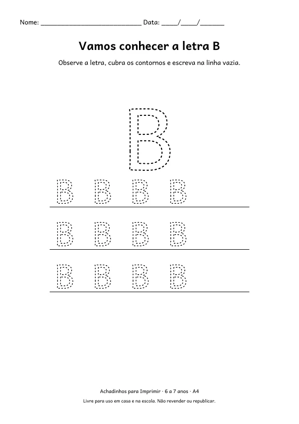 Folha A4: Vamos conhecer a letra B, contorno preto sobre fundo branco