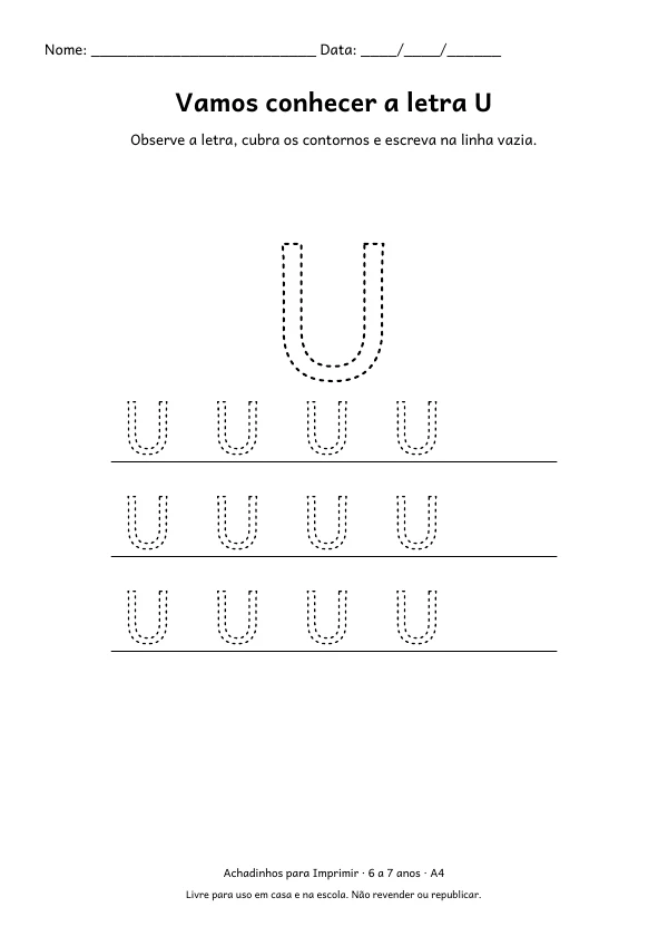Folha A4: Vamos conhecer a letra U, contorno preto sobre fundo branco