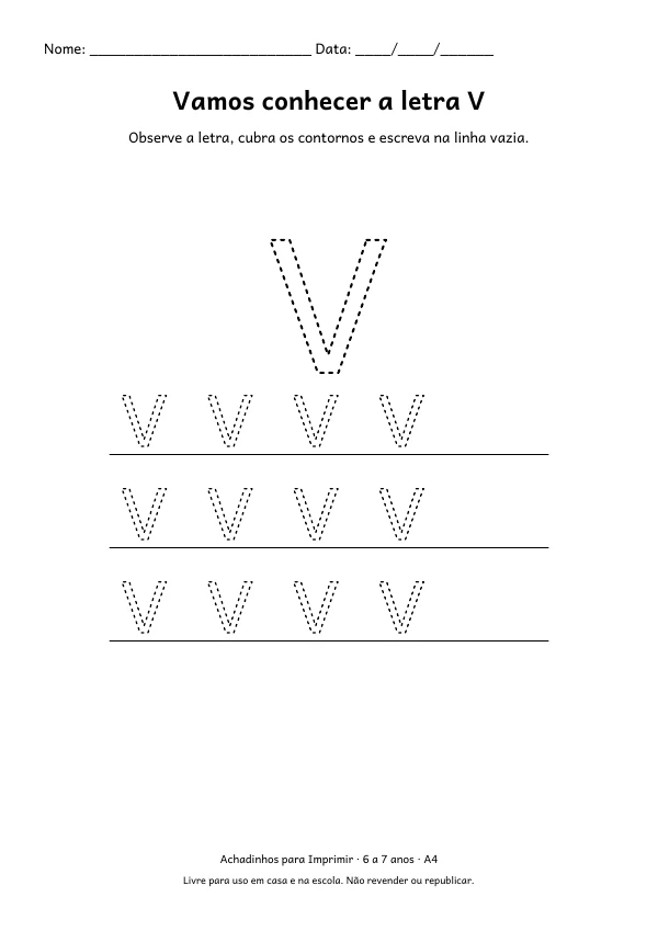 Folha A4: Vamos conhecer a letra V, contorno preto sobre fundo branco