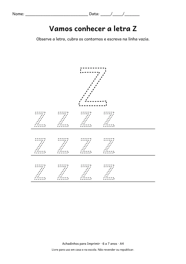 Folha A4: Vamos conhecer a letra Z, contorno preto sobre fundo branco