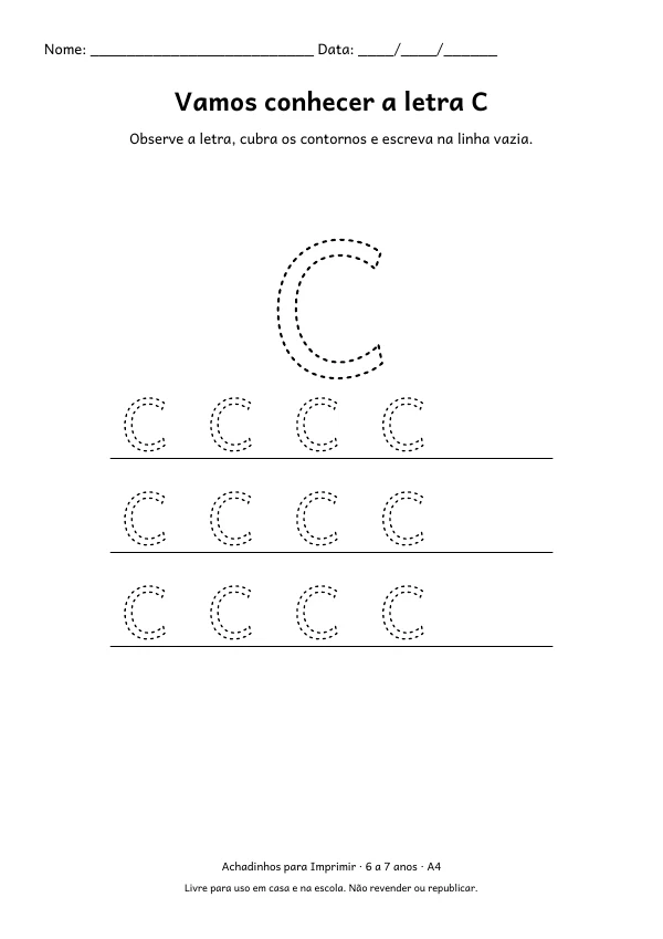 Folha A4: Vamos conhecer a letra C, contorno preto sobre fundo branco