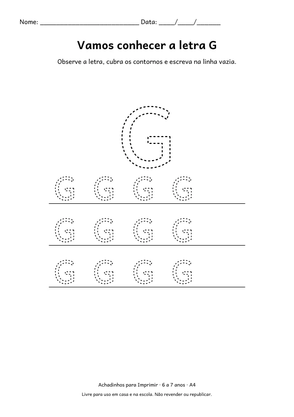 Folha A4: Vamos conhecer a letra G, contorno preto sobre fundo branco