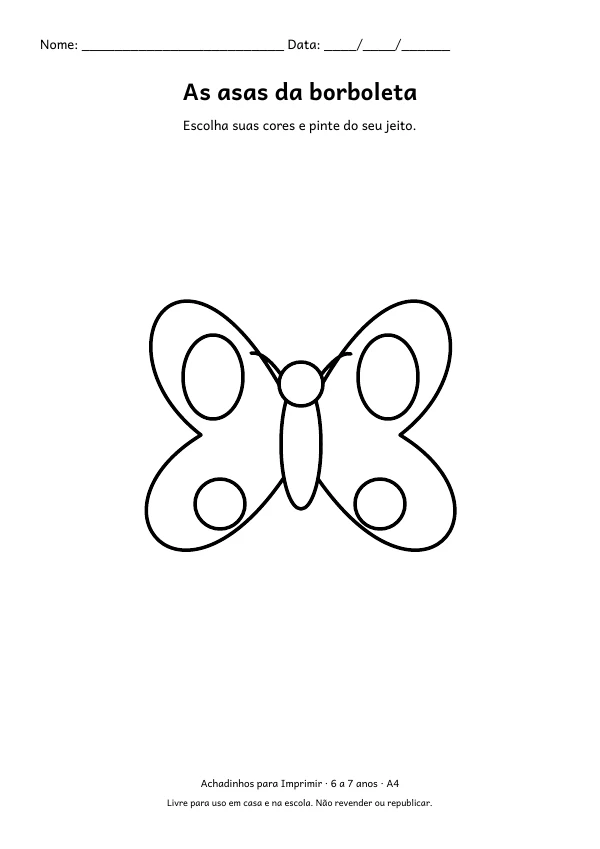 Folha A4: As asas da borboleta, contorno preto sobre fundo branco