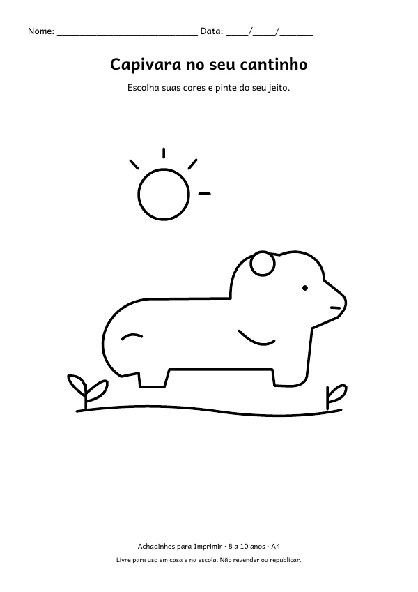 Folha A4: Capivara no seu cantinho, contorno preto sobre fundo branco