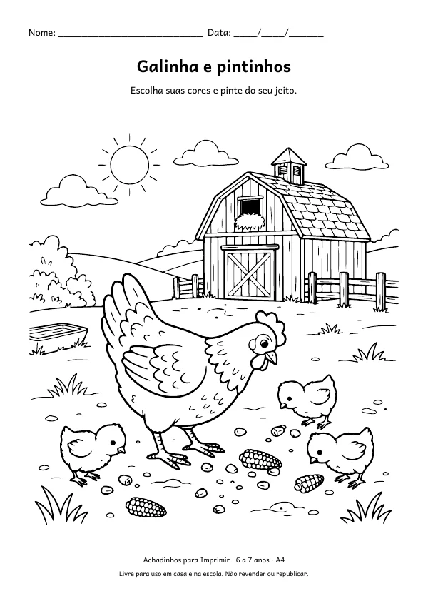Desenho para colorir: Galinha e pintinhos, traço fino