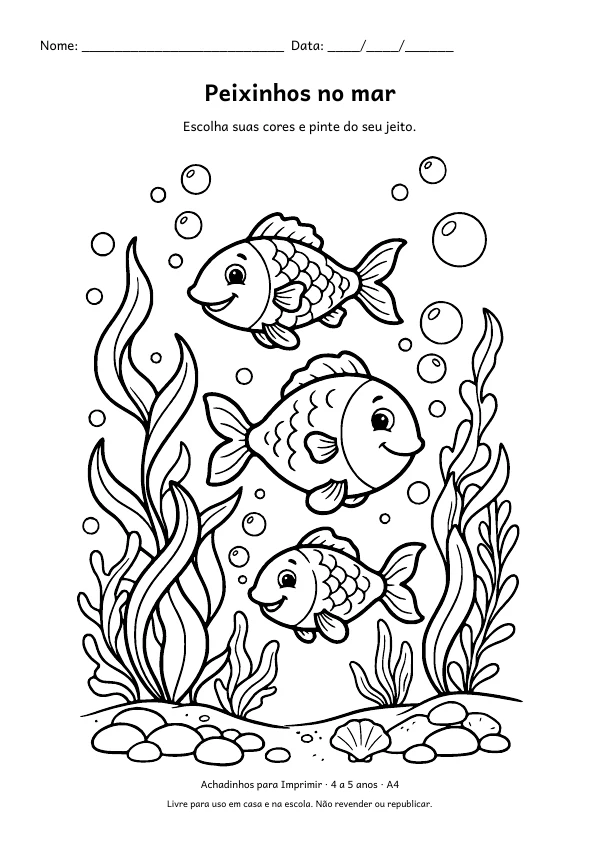 Desenho para colorir: Peixinhos no mar, traço grosso