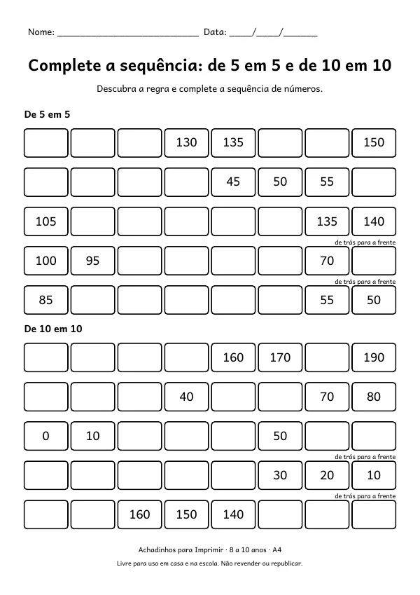 Folha de sequências numéricas de 5 em 5 e de 10 em 10, com caixas para completar