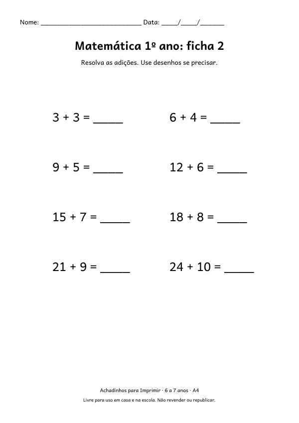 Folha A4: Matemática 1º ano: ficha 2, contorno preto sobre fundo branco