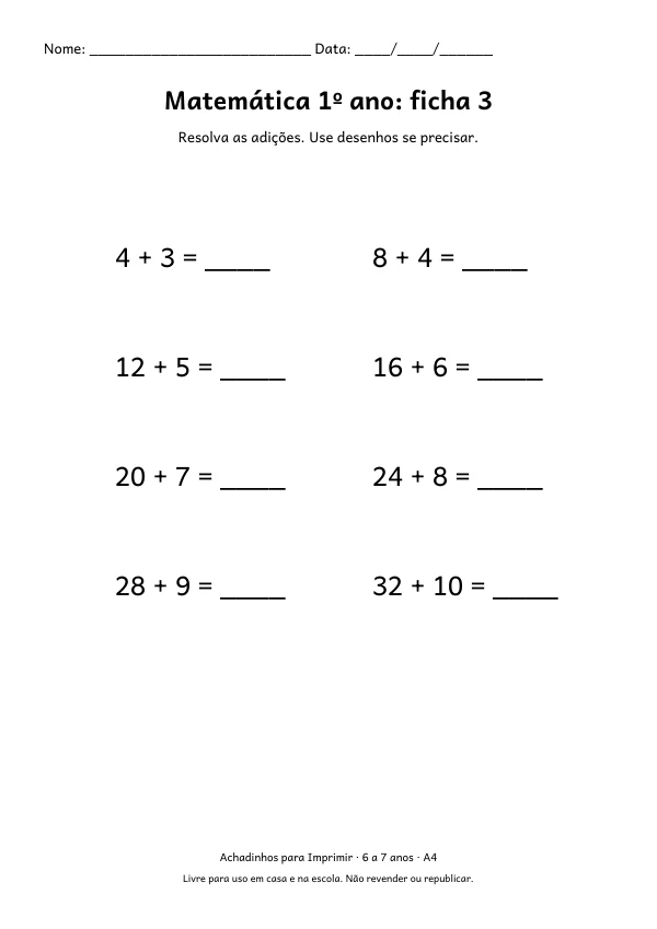 Folha A4: Matemática 1º ano: ficha 3, contorno preto sobre fundo branco