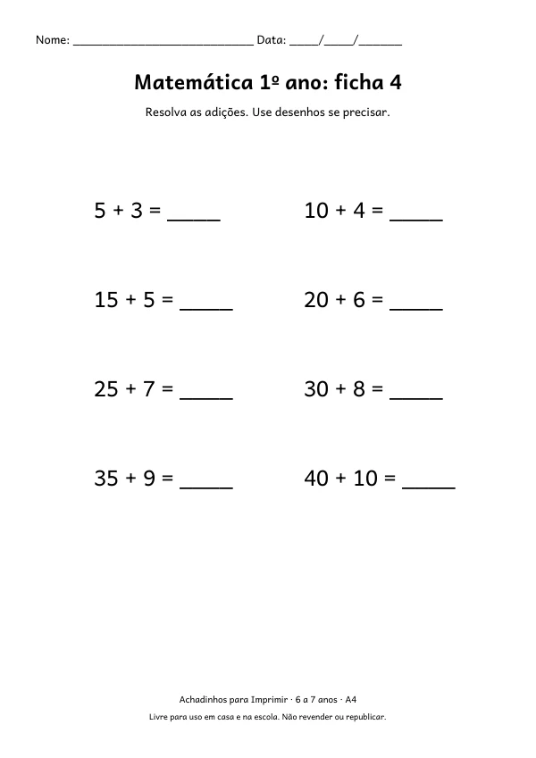 Folha A4: Matemática 1º ano: ficha 4, contorno preto sobre fundo branco