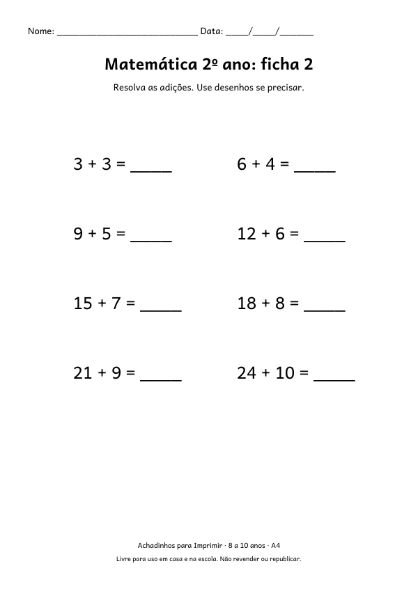 Folha A4: Matemática 2º ano: ficha 2, contorno preto sobre fundo branco