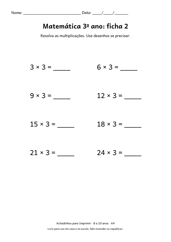 Folha A4: Matemática 3º ano: ficha 2, contorno preto sobre fundo branco