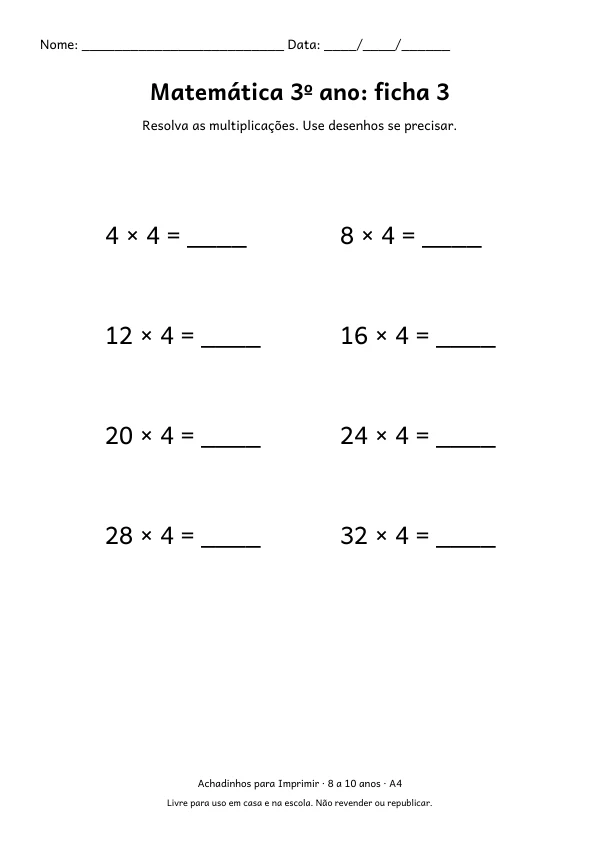 Folha A4: Matemática 3º ano: ficha 3, contorno preto sobre fundo branco