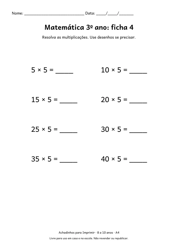 Folha A4: Matemática 3º ano: ficha 4, contorno preto sobre fundo branco