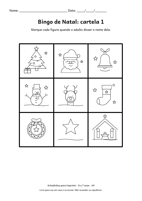 Folha A4: Bingo de Natal: cartela 1, contorno preto sobre fundo branco