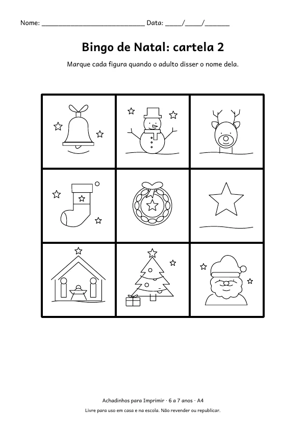 Folha A4: Bingo de Natal: cartela 2, contorno preto sobre fundo branco