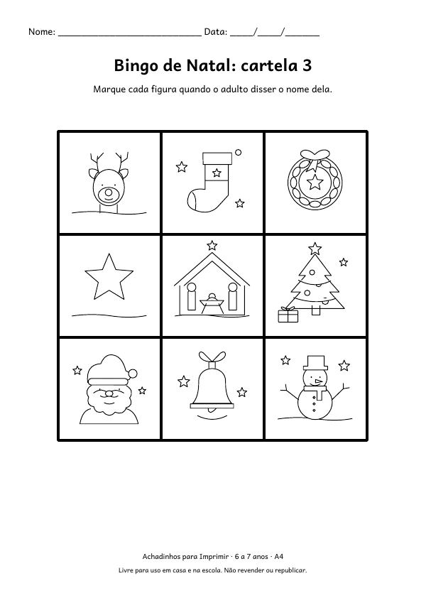 Folha A4: Bingo de Natal: cartela 3, contorno preto sobre fundo branco