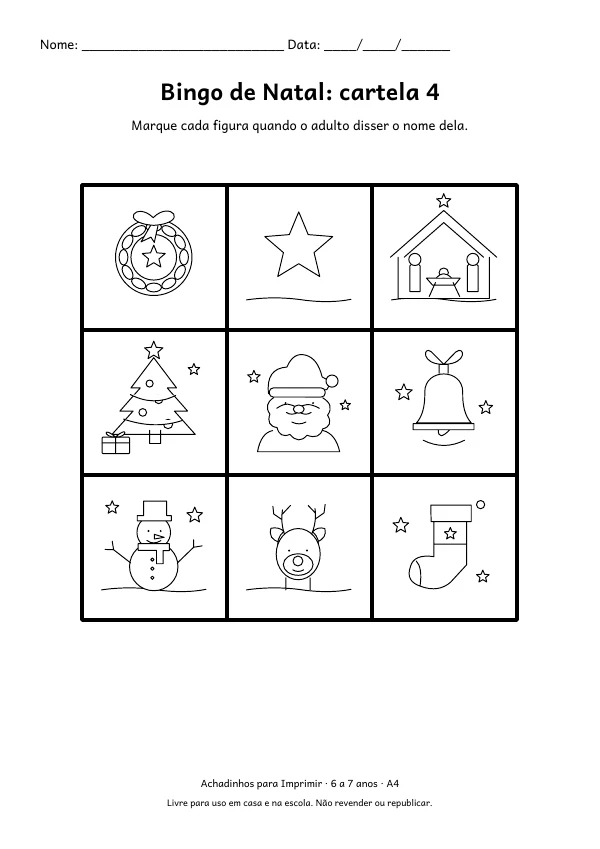 Folha A4: Bingo de Natal: cartela 4, contorno preto sobre fundo branco