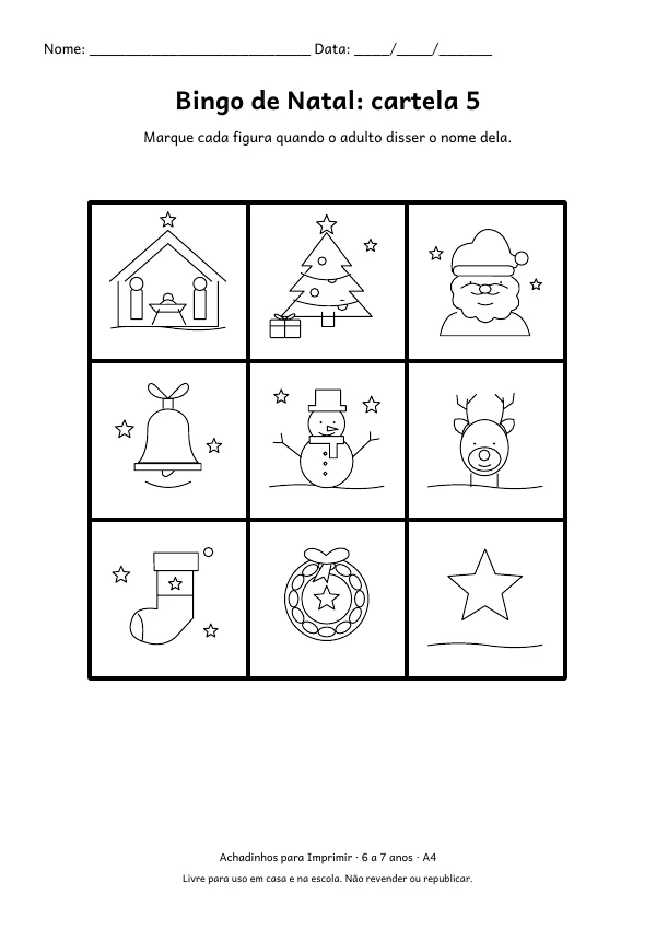 Folha A4: Bingo de Natal: cartela 5, contorno preto sobre fundo branco