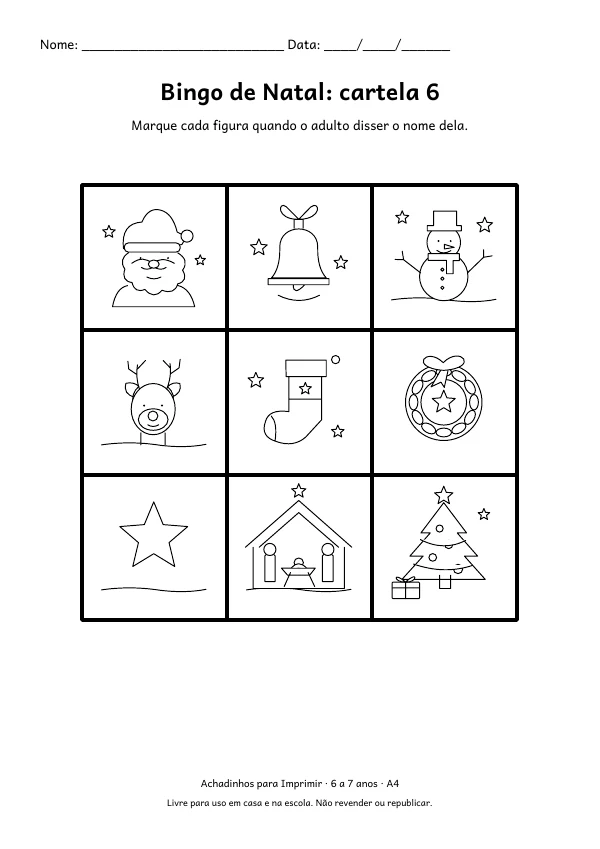 Folha A4: Bingo de Natal: cartela 6, contorno preto sobre fundo branco