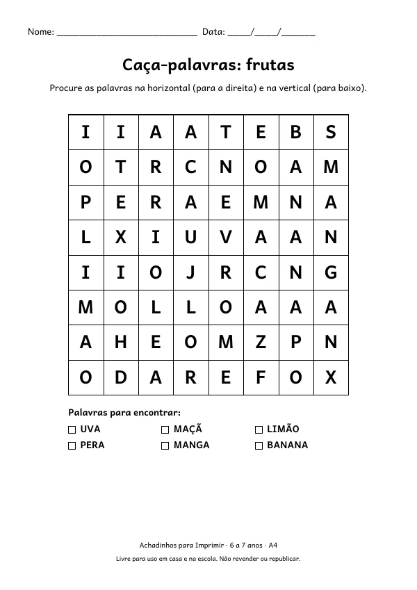 Caça-palavras de frutas com grade de 8 por 8 letras e 6 palavras escondidas
