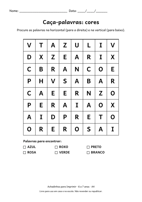 Caça-palavras de cores com grade de 8 por 8 letras e 6 palavras escondidas