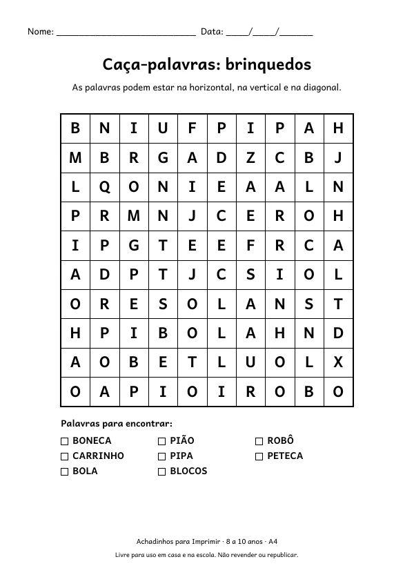 Caça-palavras de brinquedos com grade de 10 por 10 letras e 8 palavras escondidas