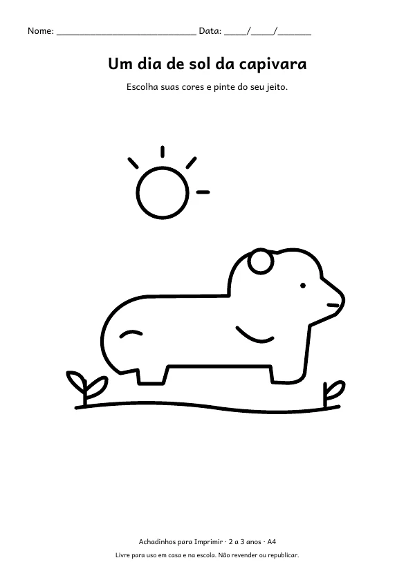 Folha A4: Um dia de sol da capivara, contorno preto sobre fundo branco