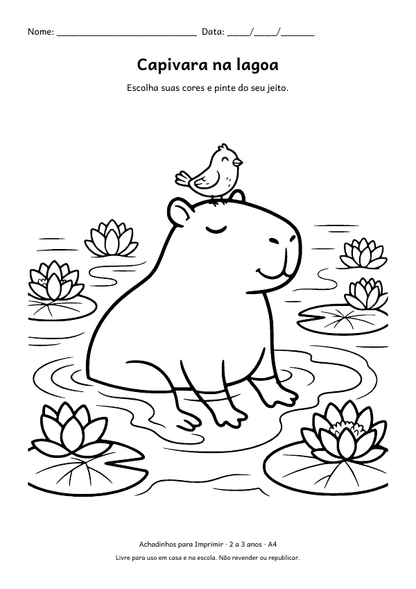 Desenho para colorir: Capivara na lagoa, traço grosso