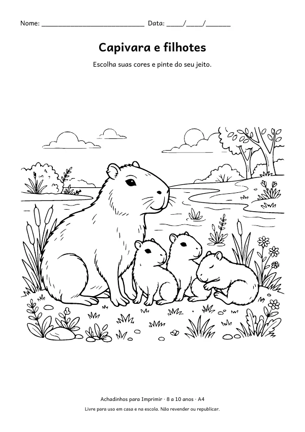 Desenho para colorir: Capivara e filhotes, traço fino