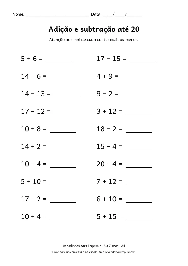 Folha com 20 contas de adição e subtração misturadas, com números até 20