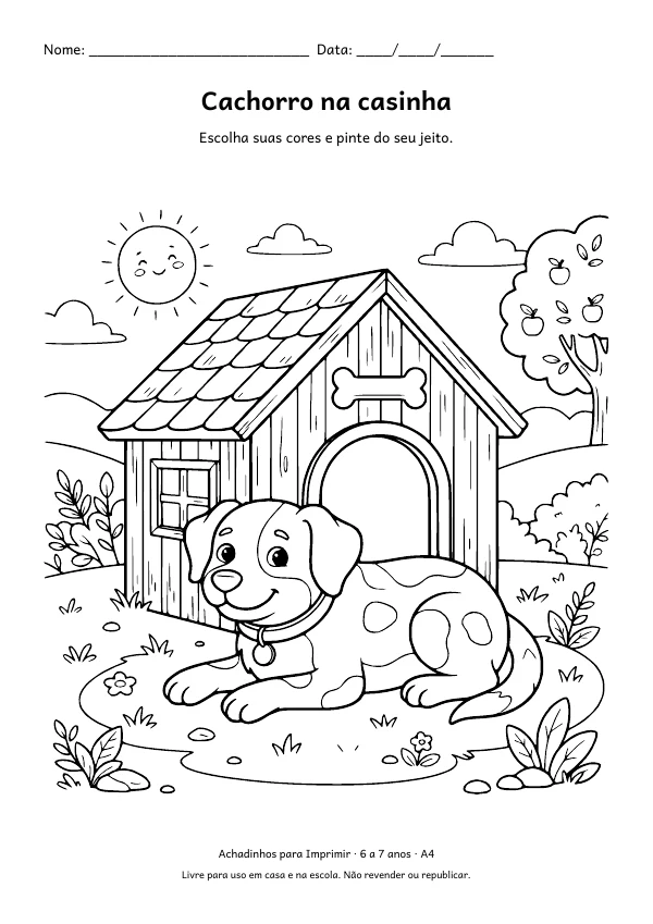 Desenho para colorir: Cachorro na casinha, traço fino