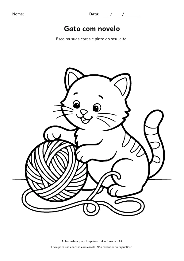 Desenho para colorir: Gato com novelo, traço grosso