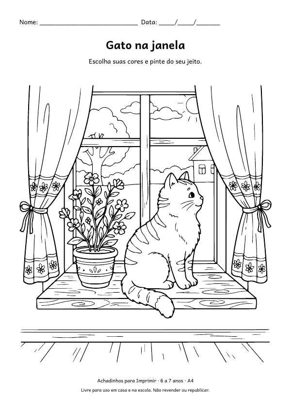 Desenho para colorir: Gato na janela, traço fino