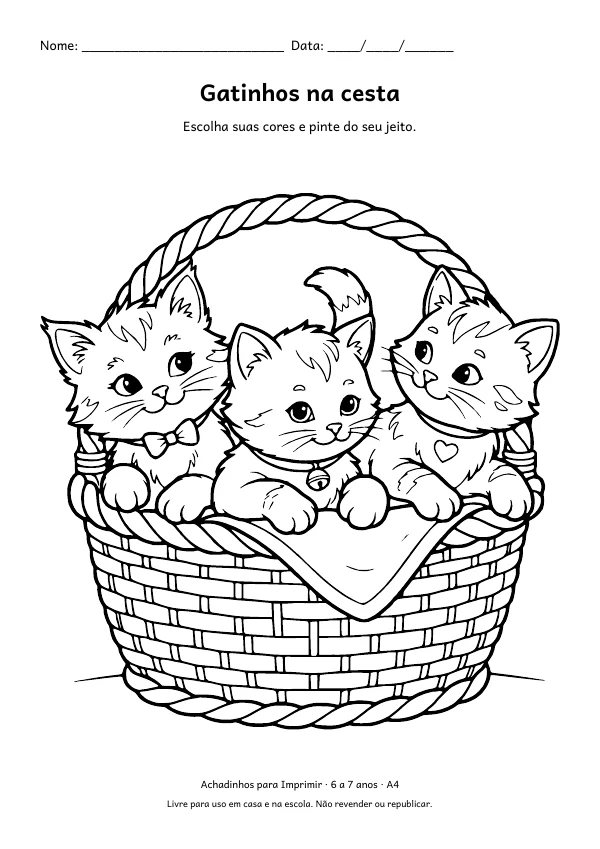 Desenho para colorir: Gatinhos na cesta, traço fino