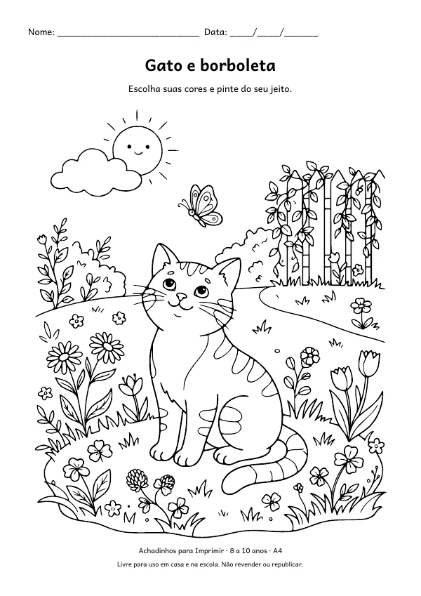 Desenho para colorir: Gato e borboleta, traço fino