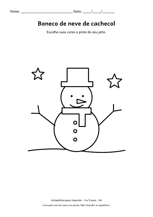 Folha A4: Boneco de neve de cachecol, contorno preto sobre fundo branco