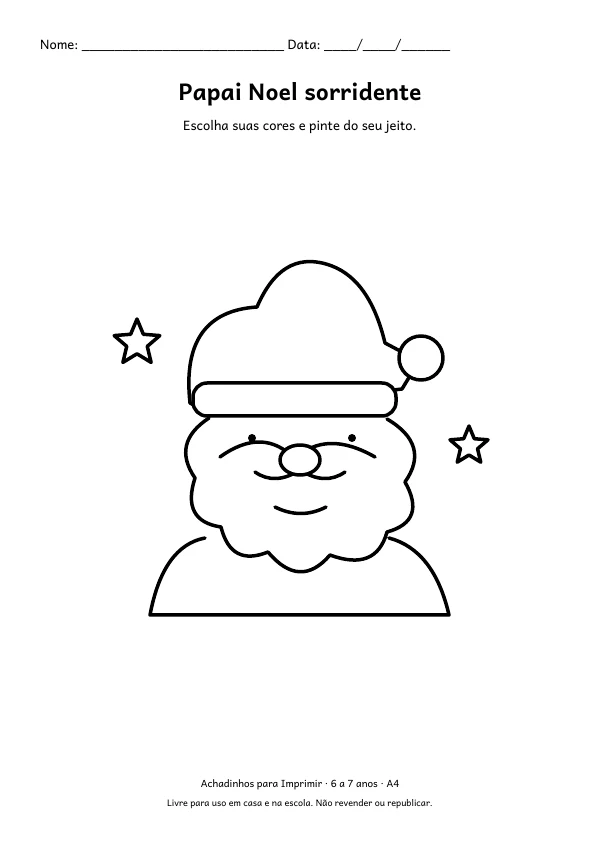 Folha A4: Papai Noel sorridente, contorno preto sobre fundo branco