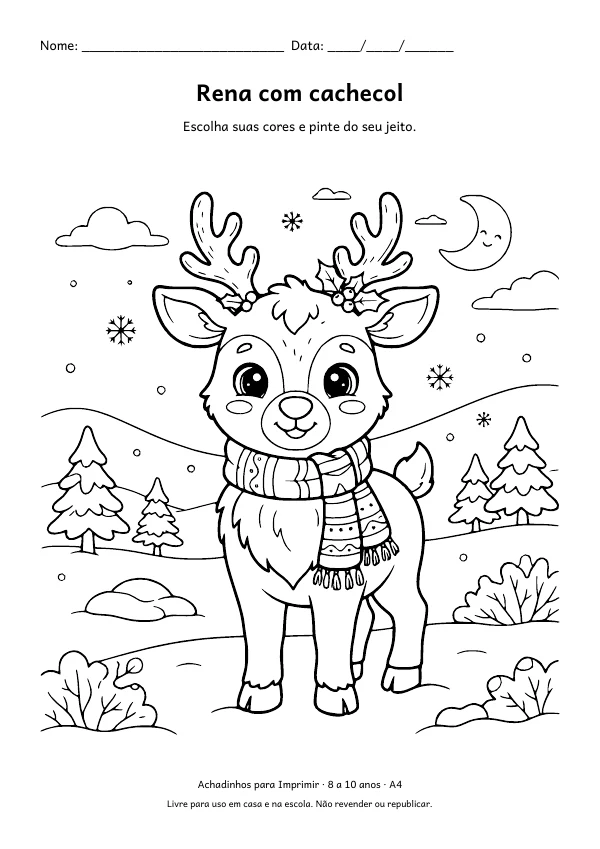 Desenho para colorir: Rena com cachecol, traço fino