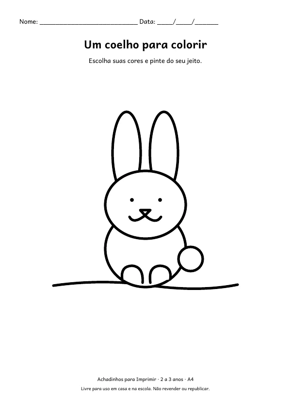 Folha A4: Um coelho para colorir, contorno preto sobre fundo branco
