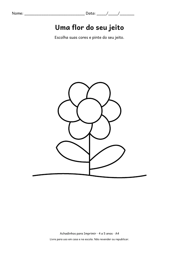 Folha A4: Uma flor do seu jeito, contorno preto sobre fundo branco