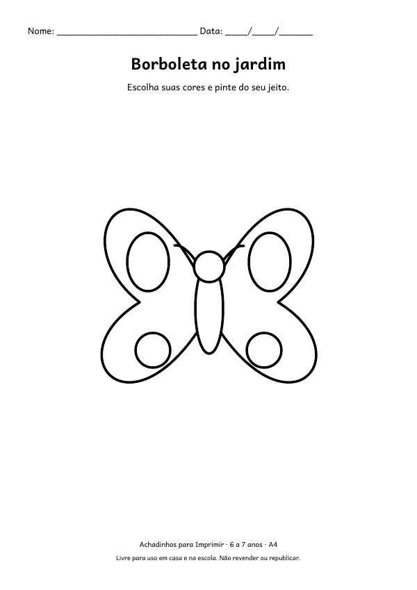 Folha A4: Borboleta no jardim, contorno preto sobre fundo branco