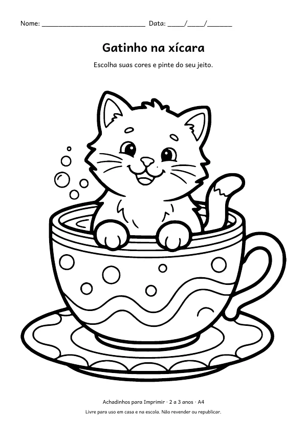Desenho para colorir: Gatinho na xícara, traço grosso
