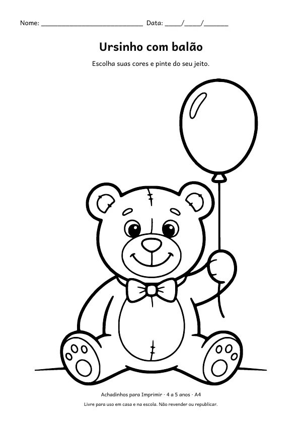 Desenho para colorir: Ursinho com balão, traço grosso